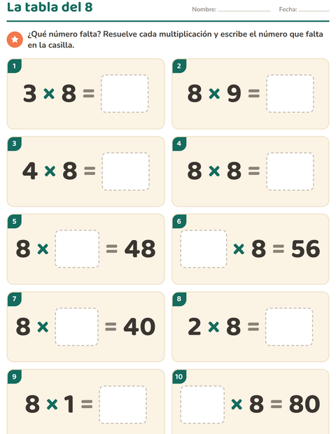 Vista previa de la hoja de Tablas de multiplicar para grado 3