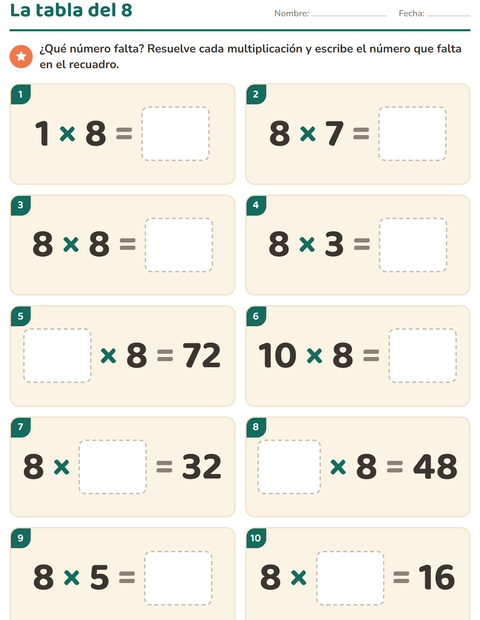 Vista previa de la hoja de Tablas de multiplicar para grado 3