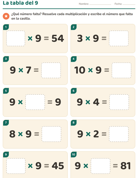 Vista previa de la hoja de Tablas de multiplicar para grado 3