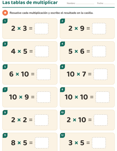 Vista previa de la hoja de Tablas de multiplicar para grado 3