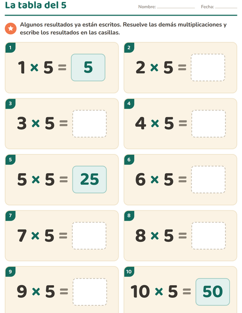 Vista previa de la hoja de Tablas de multiplicar para grado 3