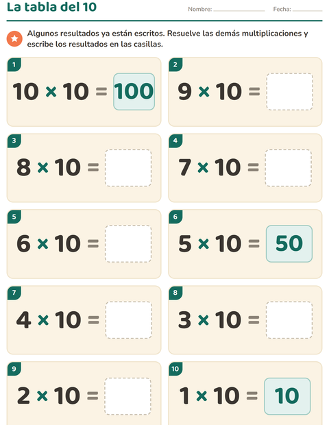 Vista previa de la hoja de Tablas de multiplicar para grado 3