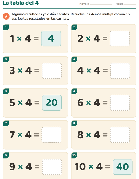 Vista previa de la hoja de Tablas de multiplicar para grado 3