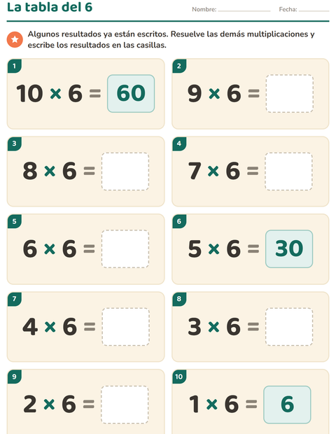 Vista previa de la hoja de Tablas de multiplicar para grado 3