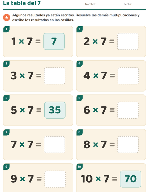 Vista previa de la hoja de Tablas de multiplicar para grado 3