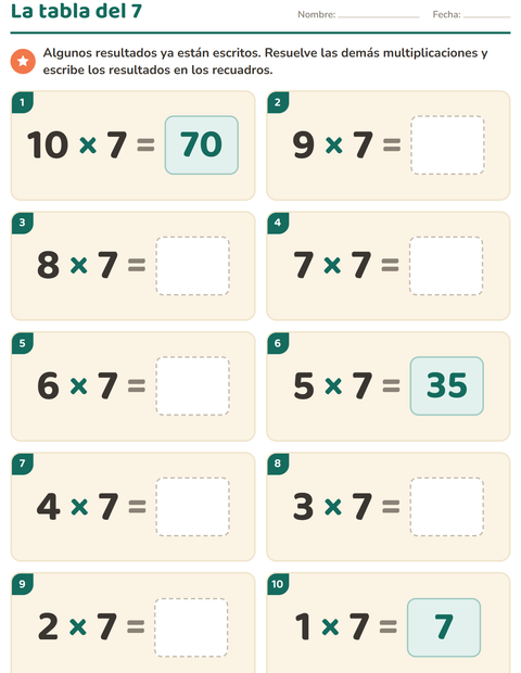 Vista previa de la hoja de Tablas de multiplicar para grado 3