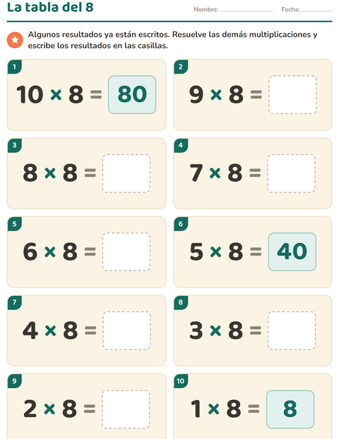 Vista previa de la hoja de Tablas de multiplicar para grado 3