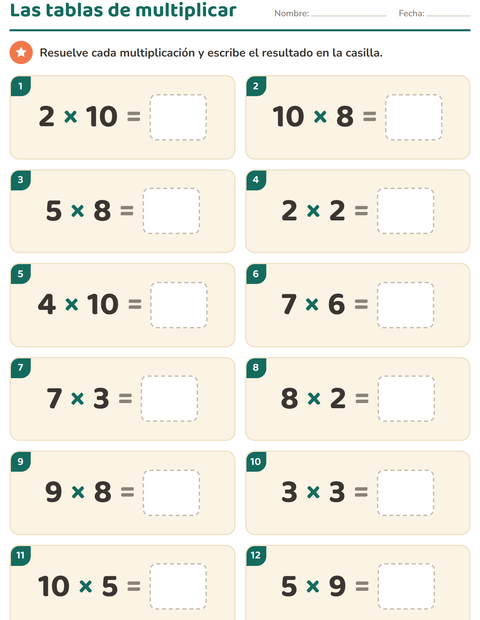 Vista previa de la hoja de Tablas de multiplicar para grado 3