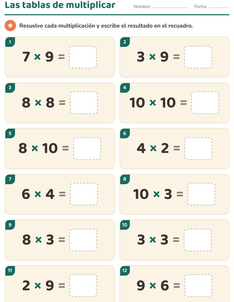 Vista previa de la hoja de Tablas de multiplicar para grado 3