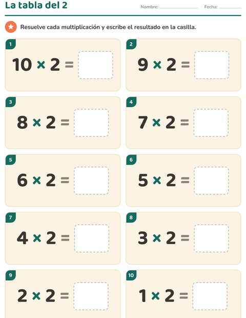 Vista previa de la hoja de Tablas de multiplicar para grado 3