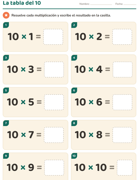 Vista previa de la hoja de Tablas de multiplicar para grado 3