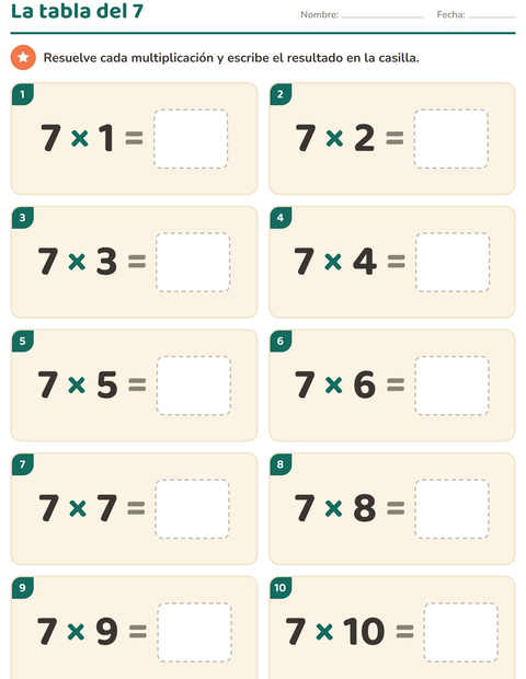 Vista previa de la hoja de Tablas de multiplicar para grado 3