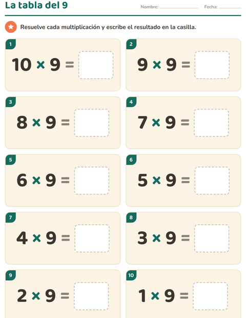 Vista previa de la hoja de Tablas de multiplicar para grado 3