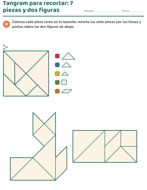 Tangram para recortar: las siete piezas y dos figuras — preescolar