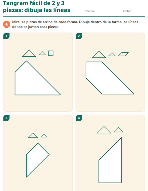 Tangram fácil de dos y tres piezas: dibuja las líneas — preescolar