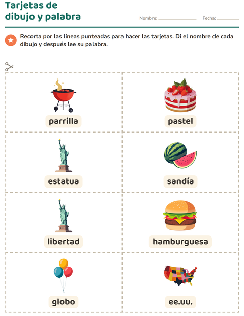 Vista previa de la hoja de Tarjetas de dibujo y palabra con 4 de Julio para jardín infantil