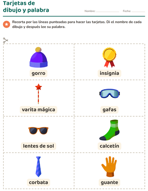 Vista previa de la hoja de Tarjetas de dibujo y palabra con Accesorios para jardín infantil