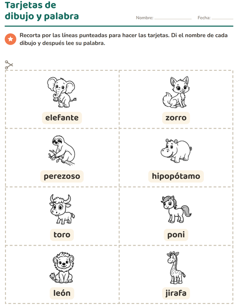 Vista previa de la hoja de Tarjetas de dibujo y palabra con Animales BN 2 para jardín infantil