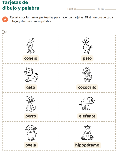Vista previa de la hoja de Tarjetas de dibujo y palabra con Animales BN 4 para jardín infantil