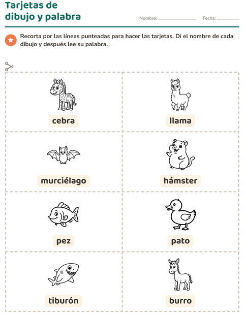 Vista previa de la hoja de Tarjetas de dibujo y palabra con Animales BN 5 para jardín infantil