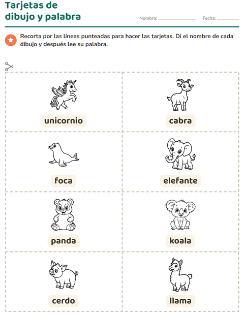 Vista previa de la hoja de Tarjetas de dibujo y palabra con Animales BN para jardín infantil