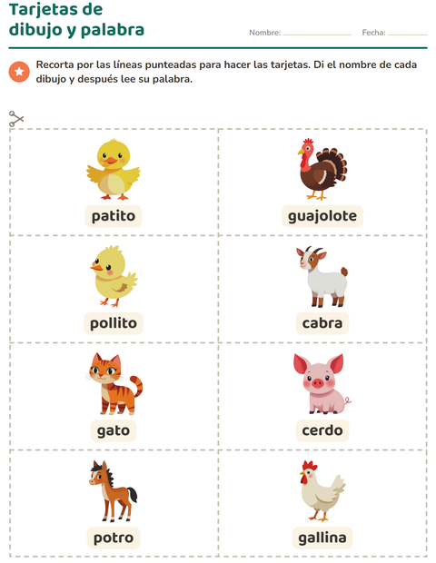 Vista previa de la hoja de Tarjetas de dibujo y palabra con Animales de granja para jardín infantil