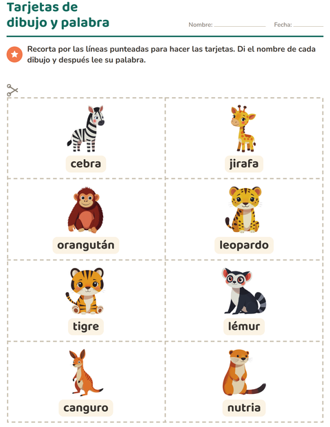 Vista previa de la hoja de Tarjetas de dibujo y palabra con Animales del zoológico para jardín infantil