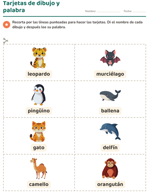 Tarjetas de dibujo y palabra: animales