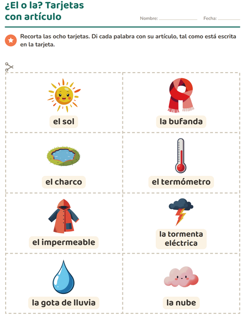 Vista previa de la hoja de Tarjetas de dibujo y palabra con Clima para jardín infantil