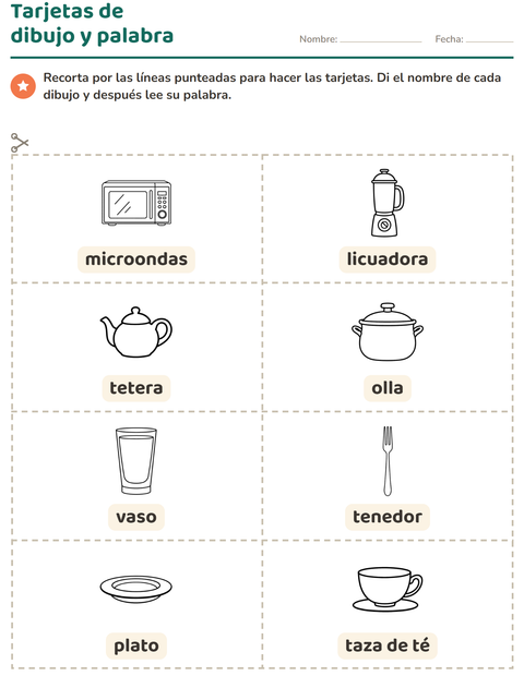 Vista previa de la hoja de Tarjetas de dibujo y palabra con Cocina BN para jardín infantil