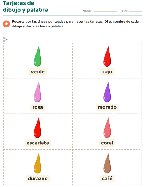 Vista previa de la hoja de Tarjetas de dibujo y palabra con Colores para jardín infantil