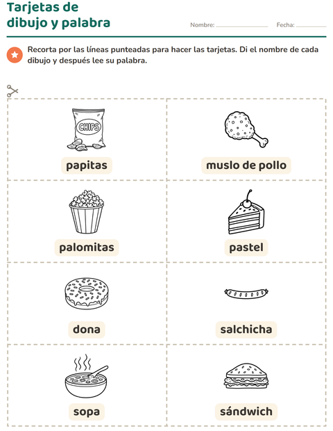 Vista previa de la hoja de Tarjetas de dibujo y palabra con Comida BN 2 para jardín infantil