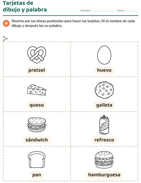 Vista previa de la hoja de Tarjetas de dibujo y palabra con Comida BN 3 para jardín infantil