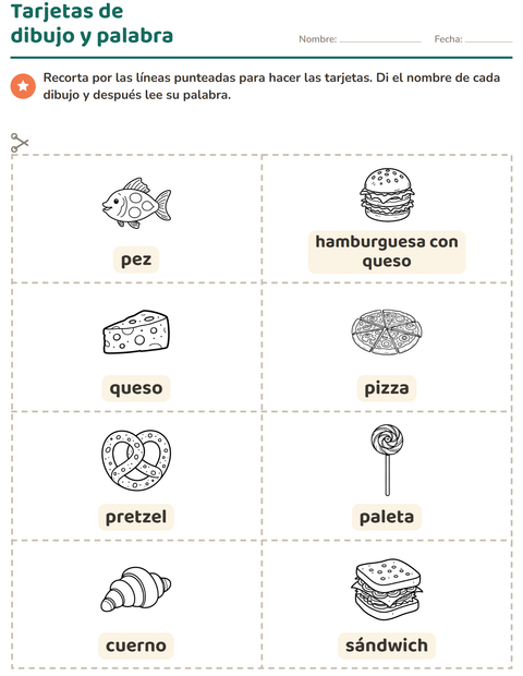 Vista previa de la hoja de Tarjetas de dibujo y palabra con Comida BN para jardín infantil