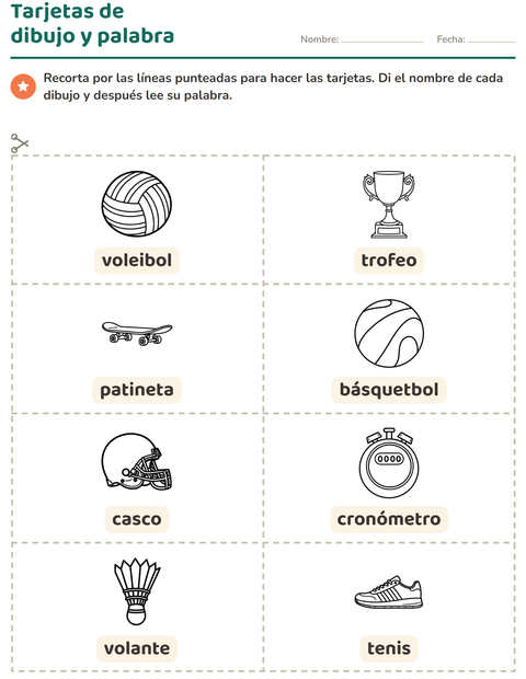 Vista previa de la hoja de Tarjetas de dibujo y palabra con Deportes BN 2 para jardín infantil