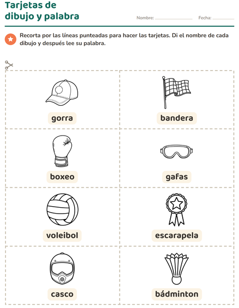 Vista previa de la hoja de Tarjetas de dibujo y palabra con Deportes BN para jardín infantil
