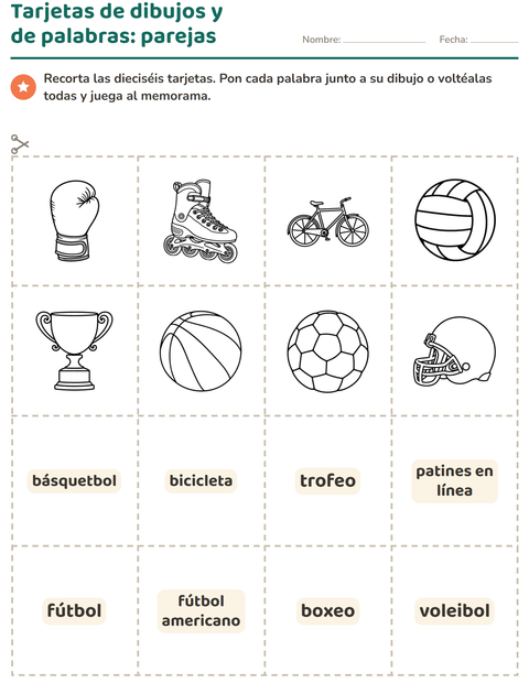 Vista previa de la hoja de Tarjetas de dibujo y palabra con Deportes BN para jardín infantil