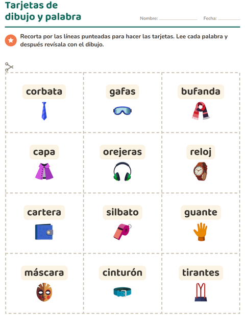 Vista previa de la hoja de Tarjetas de dibujo y palabra con Accesorios para jardín infantil