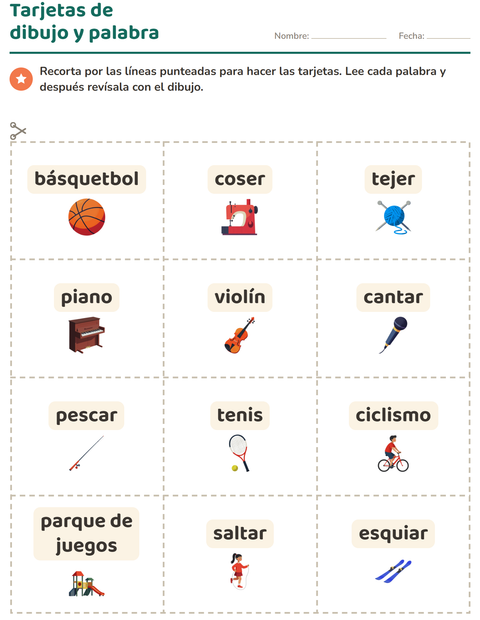 Vista previa de la hoja de Tarjetas de dibujo y palabra con Actividades para jardín infantil