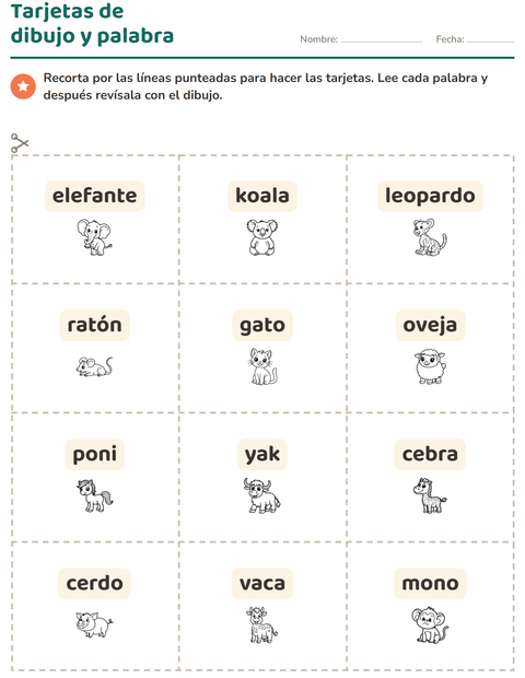 Vista previa de la hoja de Tarjetas de dibujo y palabra con Animales BN 2 para jardín infantil