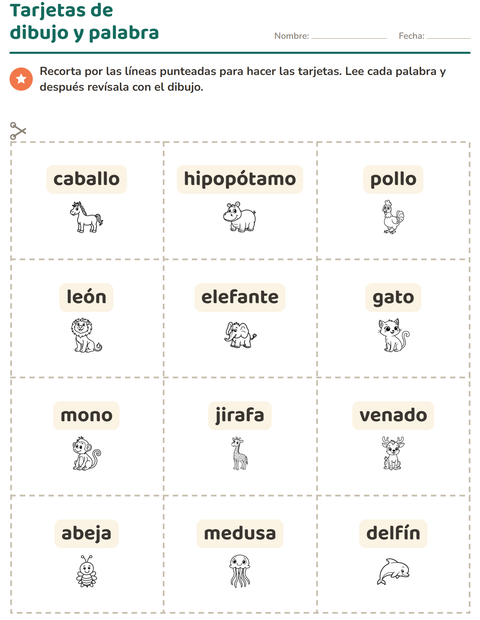 Vista previa de la hoja de Tarjetas de dibujo y palabra con Animales BN 3 para jardín infantil