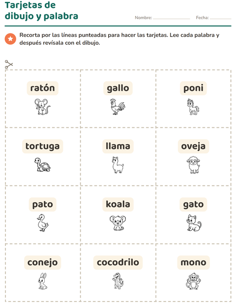 Vista previa de la hoja de Tarjetas de dibujo y palabra con Animales BN 4 para jardín infantil