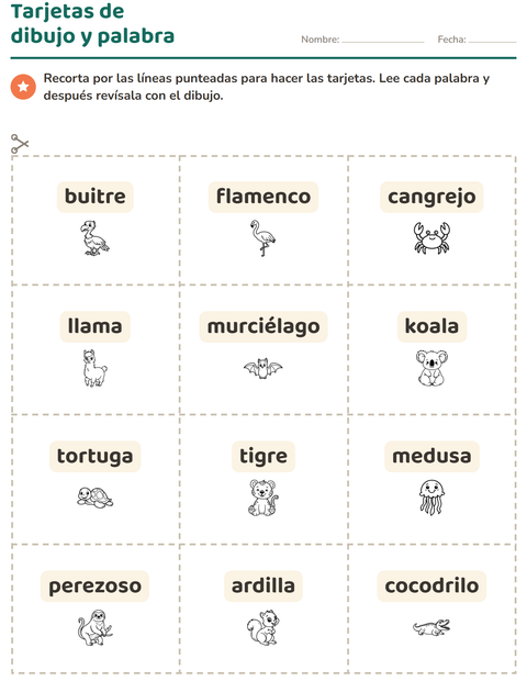 Vista previa de la hoja de Tarjetas de dibujo y palabra con Animales BN 5 para jardín infantil