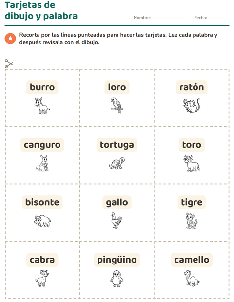 Vista previa de la hoja de Tarjetas de dibujo y palabra con Animales BN para jardín infantil