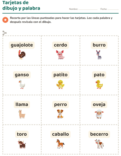 Vista previa de la hoja de Tarjetas de dibujo y palabra con Animales de granja para jardín infantil