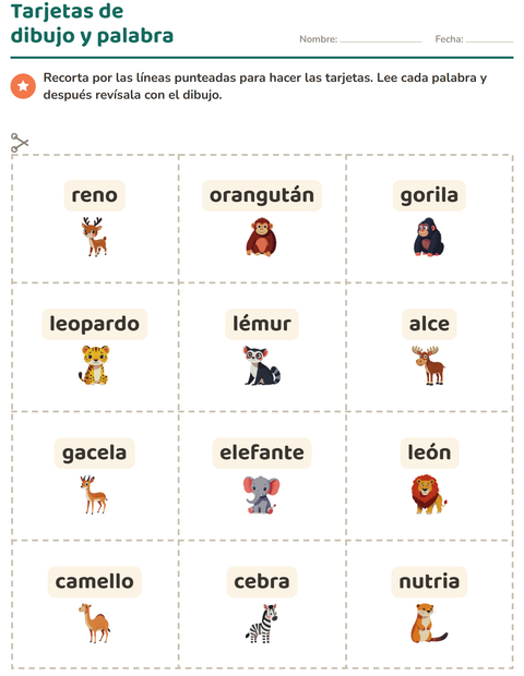 Vista previa de la hoja de Tarjetas de dibujo y palabra con Animales del zoológico para jardín infantil