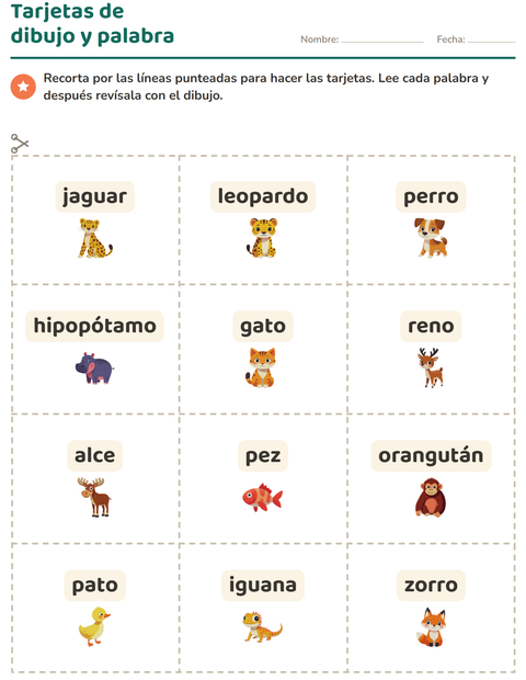 Vista previa de la hoja de Tarjetas de dibujo y palabra con Animales para jardín infantil