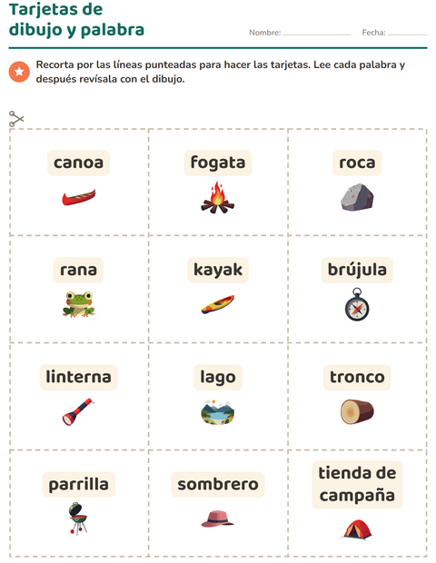 Vista previa de la hoja de Tarjetas de dibujo y palabra con Campamento para jardín infantil