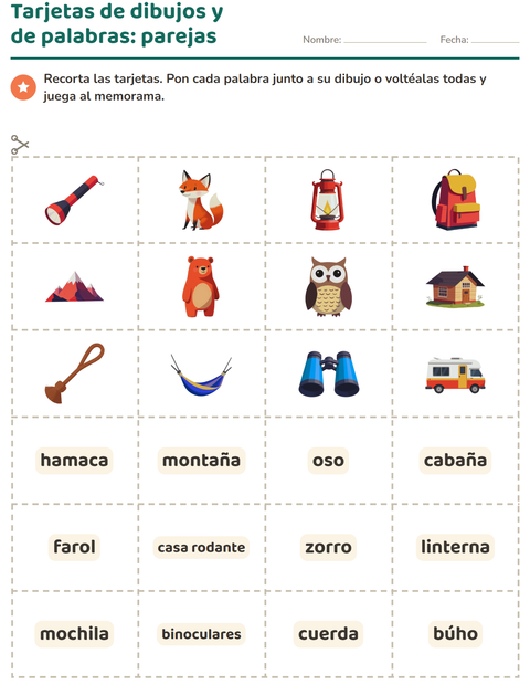 Vista previa de la hoja de Tarjetas de dibujo y palabra con Campamento para jardín infantil