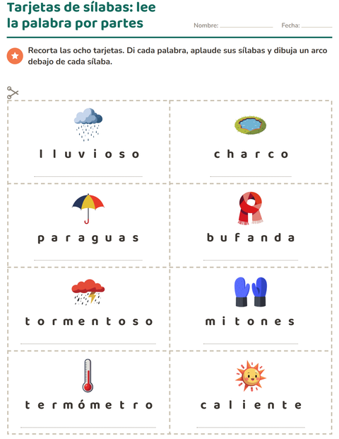 Vista previa de la hoja de Tarjetas de dibujo y palabra con Clima para grado 1